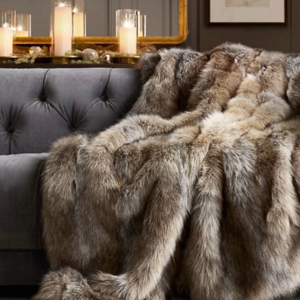 Restoration Hardware Luxurious Faux Fur Throw - Gray and Brown